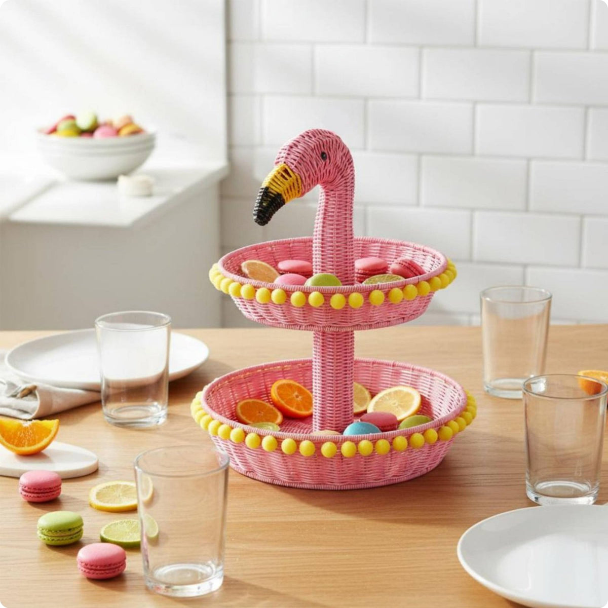 Two-Tier Fruit Basket Woven Flamingo Snack Stand Decorative Wicker Dessert Tray for Party