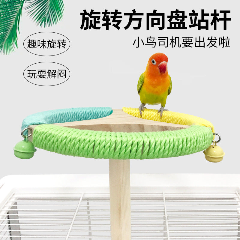 Wooden Parrot Toy with Spinning Wheel and Perch