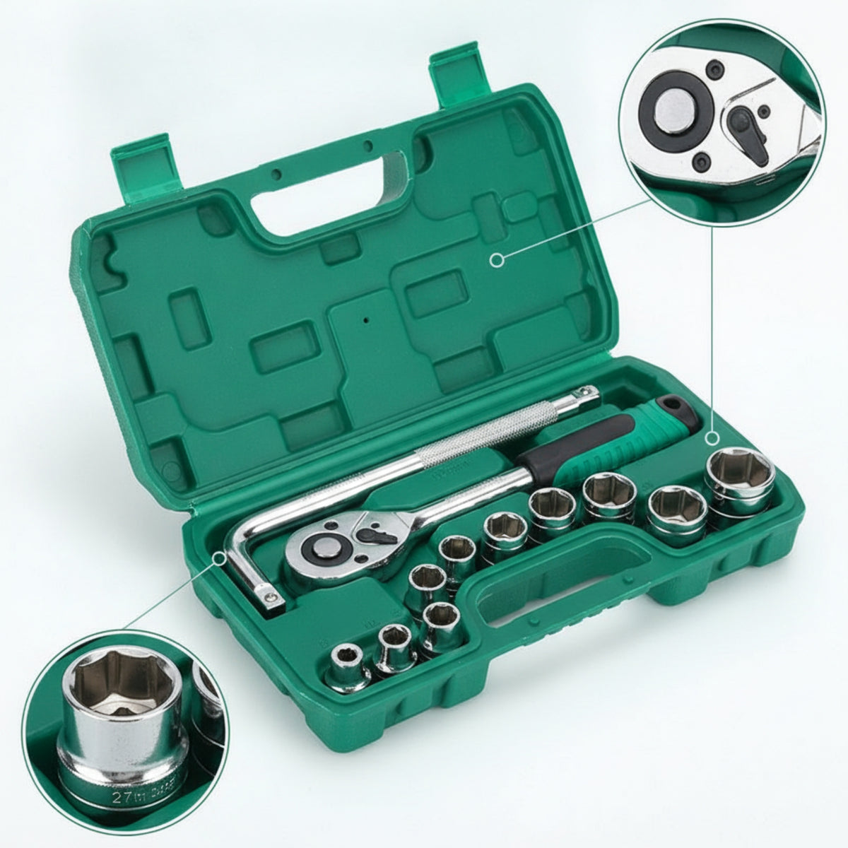 Chrome-Finished Socket Wrench Set Polished Ratchet and Socket Set Hard Shell Tool Kit with Toolbox Compact for Car Maintenance, Workshop