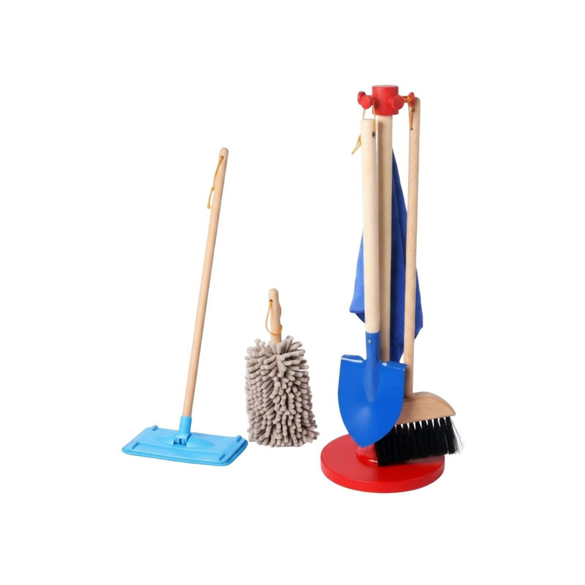 6 Pieces Storage Stand Wooden Cleaning Toy Set Role-Play Pretend Cleaning Kit Bristle and Textile Heads Kids Broom Mop Set Colored Parts for Children