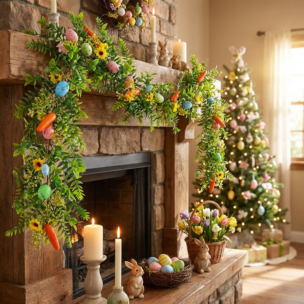 Easter Egg Garland 270 cm Realistic Hanging Easter Vine Artificial Carrot and Egg Vine Festive Decor for Wall, Mantelpiece, Fireplace Mantel