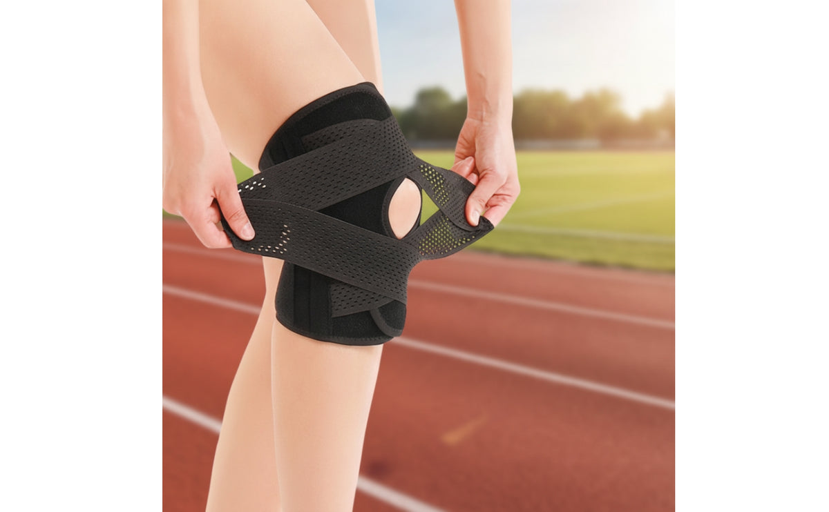 Adjustable Knee Brace with Side Stabilizers Breathable Knee Support with Patella Cutout Elastic Orthosis Supportive for Runners, Athletes, Running, Workout, Basketball