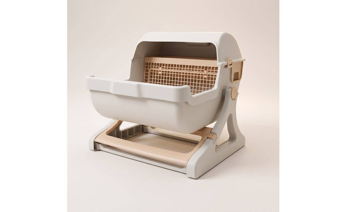Semi-Automatic Litter Box Half-Enclosed Cat Litter Box with Hood Easyhygienic Pet Supply for Cats, Home, Living Room