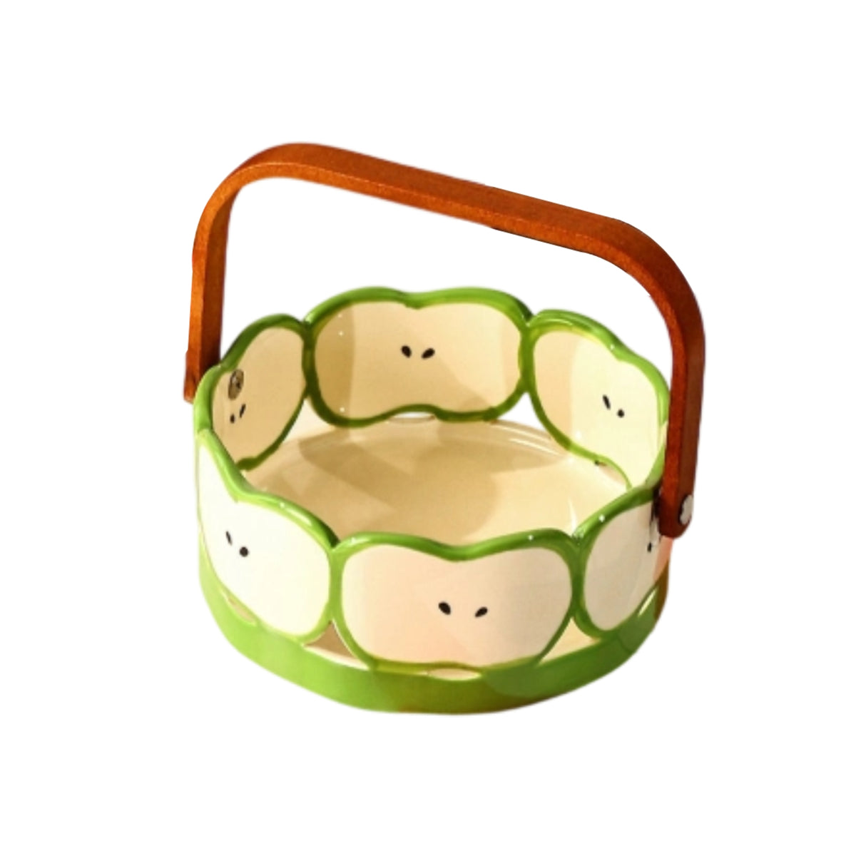 Ceramic Fruit Basket with Wooden Handle Open-Top Ceramic Candy Dish with Handle