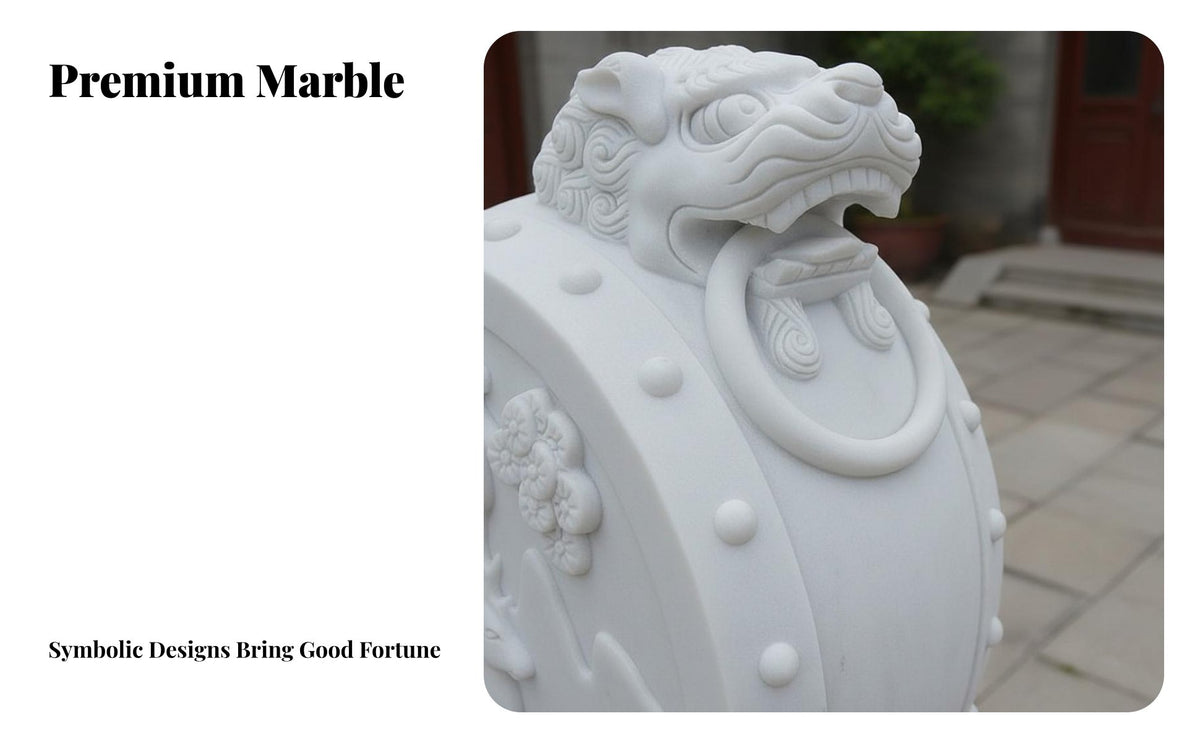 Chinese Drum Stone Auspicious Symbolism Carved Stone Door Pier Weather Resistant Marble Door Drum for Homeowners, Designers, Courtyard, Garden, Park