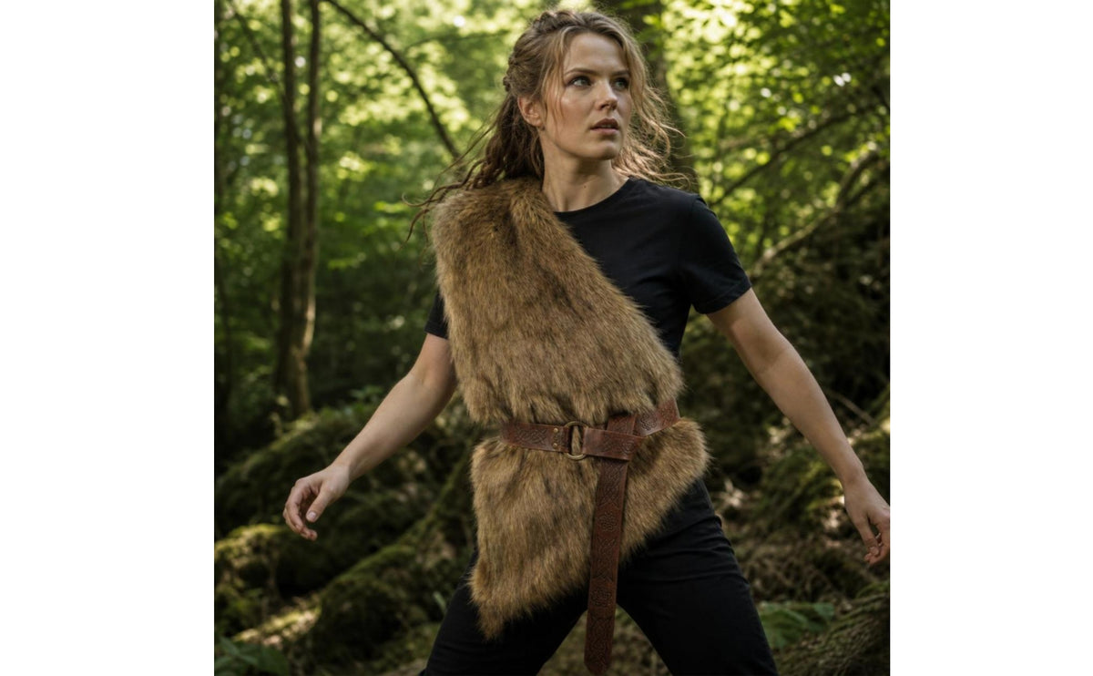 Faux Animal Pelt Vest with Belt Barbarian-Influenced Cosplay Vest Asymmetrical One-Shoulder Wrap for Cosplayers, Halloween, Stage Performance