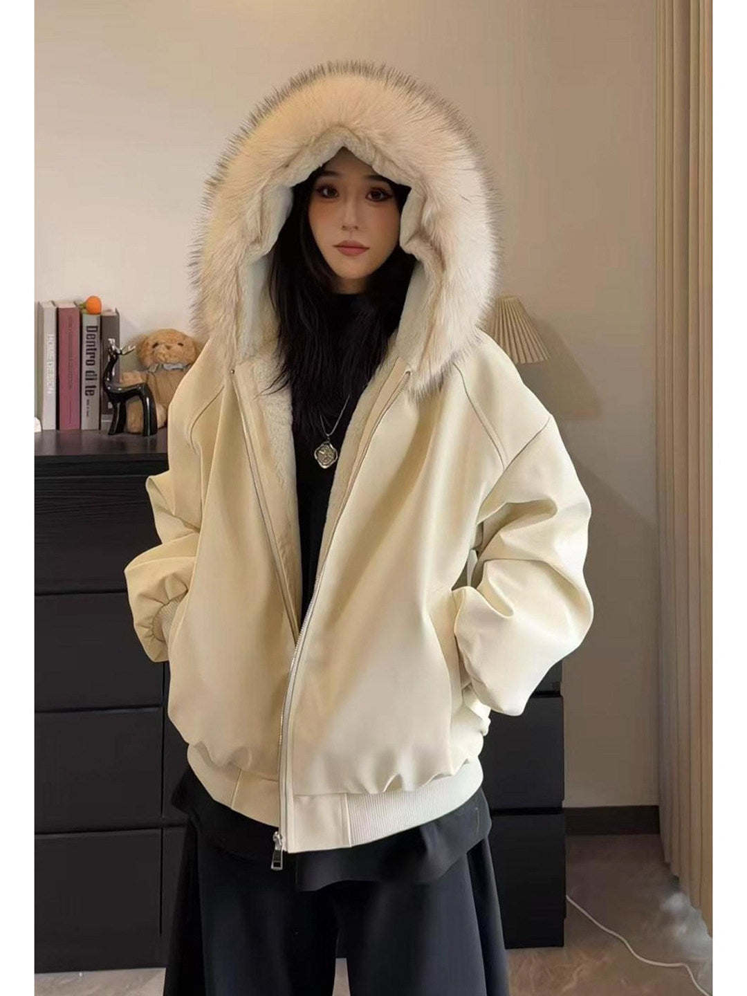 冬季新款大理石座山雕连帽绒毛棉衣外套男女冬季PU皮加厚保暖棉服