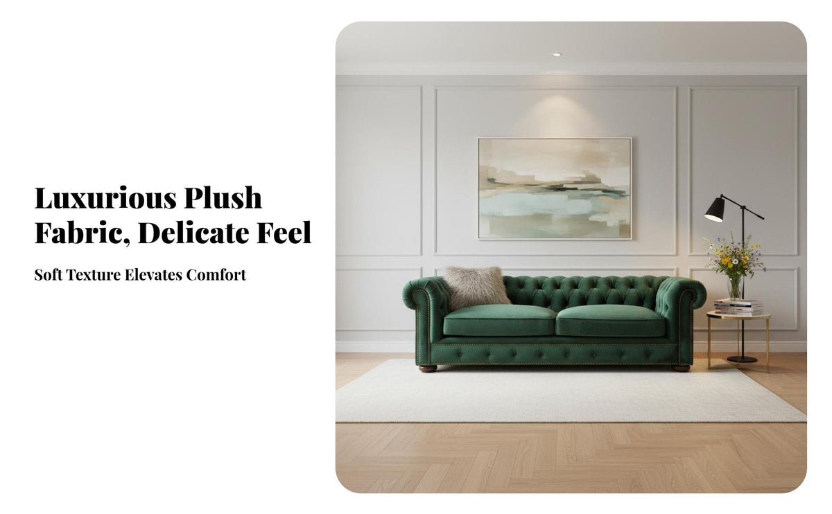plush fabric Upholstery Tufted 3-Seater Sofa Retro design 3-Seater Tufted Couch space-saving Size Living Room Furniture Rolled armrests for Apartment Dwellers, Interior Designers, Design lovers, Lounge Area, Bedroom, Study