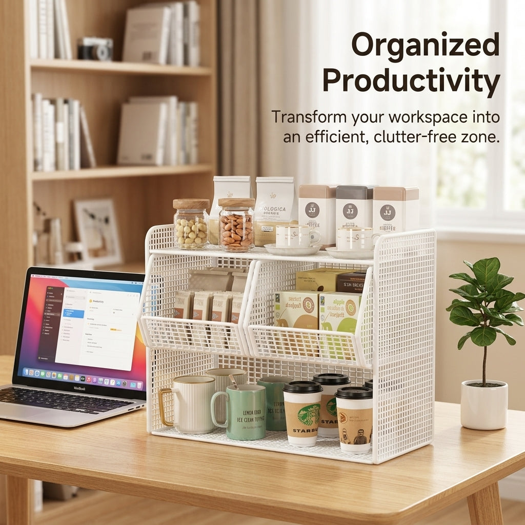 Desk Storage Organizer with Drawers, 3 Layer Desktop Box for Office Supplies, Multi-Tier File Holder for Home Workstation