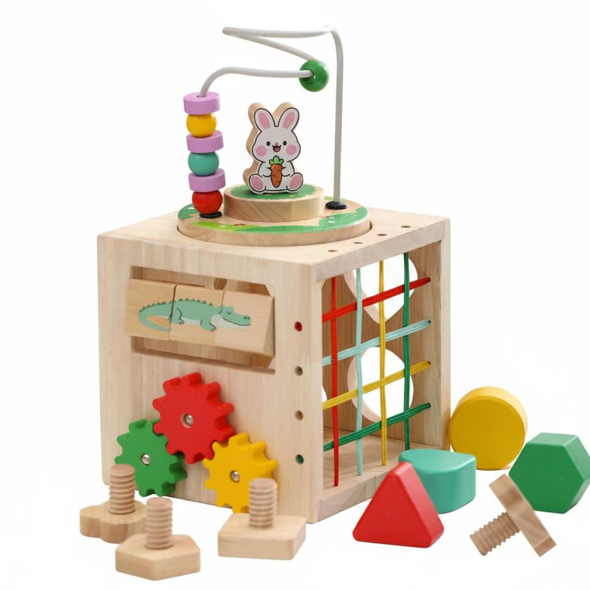 Activity Cube with Bead Maze Compact Wooden Activity Cube Fine Motor Play Center for Young Children, Babies, Playroom, Nursery, Preschool