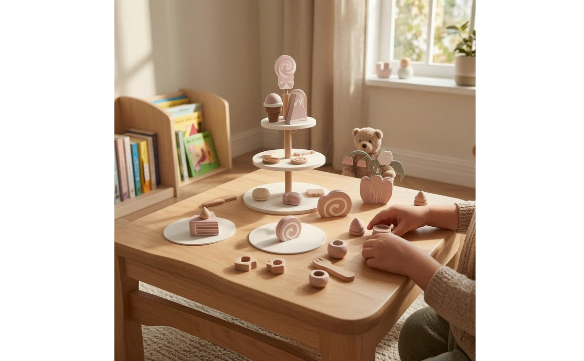 Miniature Tea and Dessert Set Floral Wooden Pretend TeaSet Smooth Rounded Edges