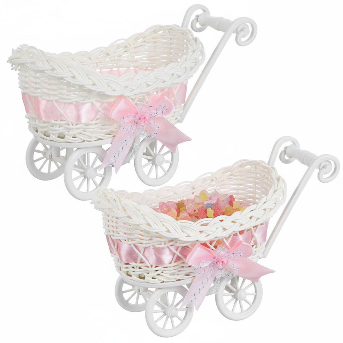 2 Pieces Ribbon Bow Accent Baby Carriage Candy Holder Multi-Purpose Stroller Shaped Basket Compact Design Mini Stroller Basket Lightweight