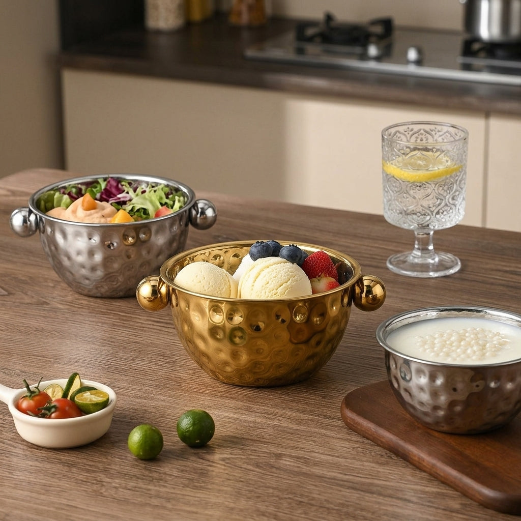 Stainless Steel Bowl for Mixing Bowl Salad Bowl and Washing Bowl, Hammered Texture with Handles and Flat Bottom