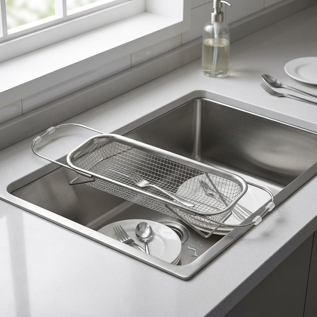 Extendable Sink Basket Kitchen Sink Drainer, Stainless Steel Fine Mesh Vegetable Colander and Fruit Strainer, Modern Minimalist Over Sink Rack