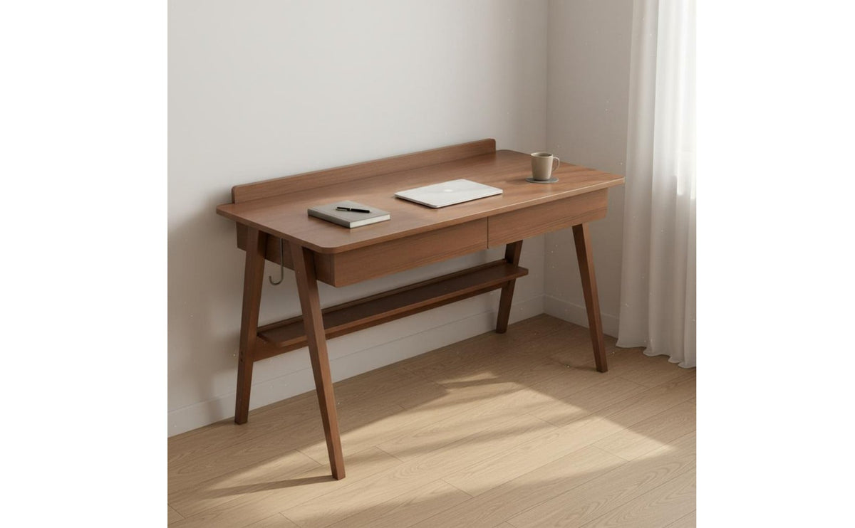 Solid Wood Legs Nordic Design Writing Desk Rounded Corner Design Student Desk with Bag Hook Minimalist Computer Table with Storage for Students, Bedroom, Study Room