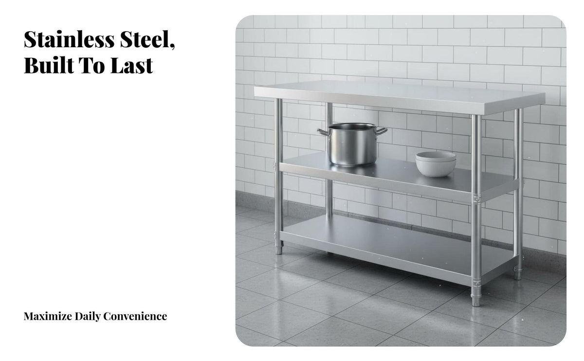 Easy to Clean Stainless Steel Work Table High Load Capacity Commercial Food Prep Table Rust Resistant Kitchen Island with Shelves Stable Construction for Professionals, Homeowners, Restaurant, Cafeteria, Warehouse, Laundry Room