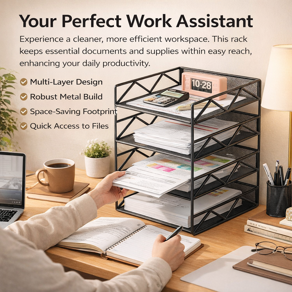 Metal Desktop File Organizer Rack, Document Holder for A4 Paper Storage, Tiered Shelves for Office Supplies and Workspace Organization
