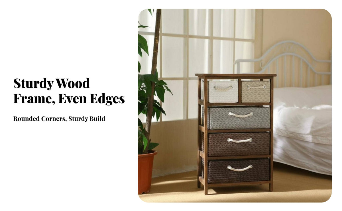 sturdy Wood Frame Narrow Woven Drawer Tower Space-Saving Narrow 4-Drawer Organizer Slim silhouette Nightstand Rustic design for Decor lovers, Apartment Dwellers, Bedroom, Living Room, Entryway, Hallway