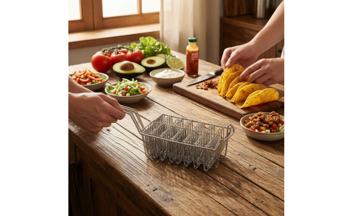Stainless Steel Taco Shell Fryer Basket Long Handle Taco Fryer with 8 Slots Heavy Duty V-Shaped Frying Basket Commercial Grade for Chefs, Home Cooks, Deep Fryers