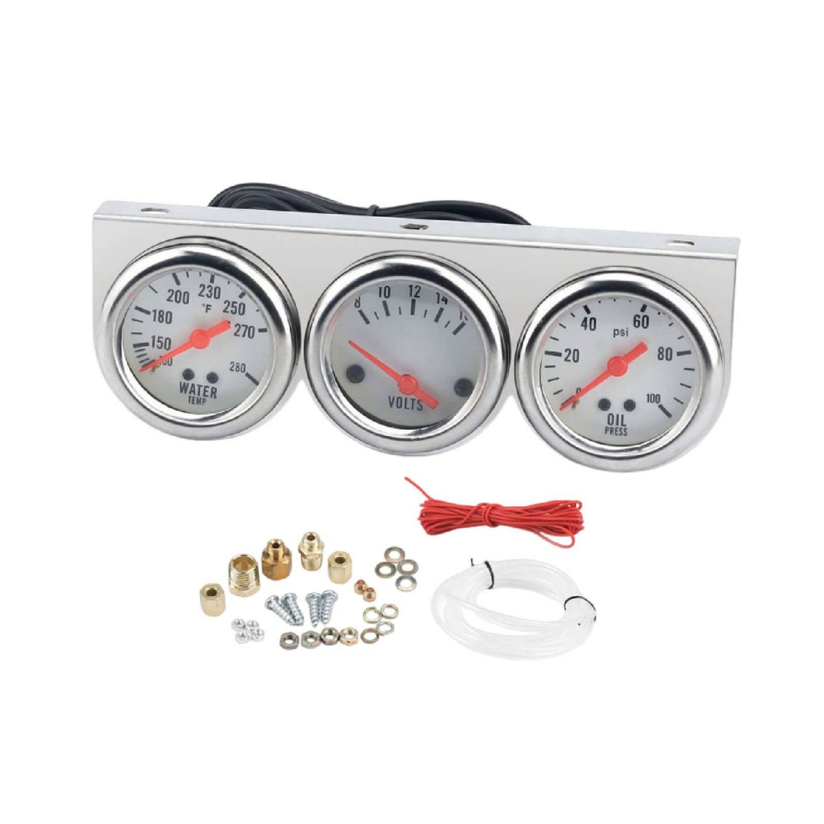 52 Mm Oil Pressure Water Temp Voltmeter Set Chrome Bezel 3-in-1 Gauge Cluster White Face Triple Gauge Set Red Needle