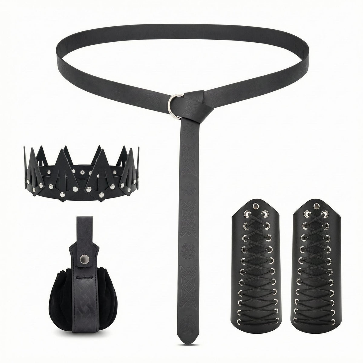 Faux Leather Belt Pouch Set Studded Crown-Style Headpiece Gothic Fashion Accessory for Halloween