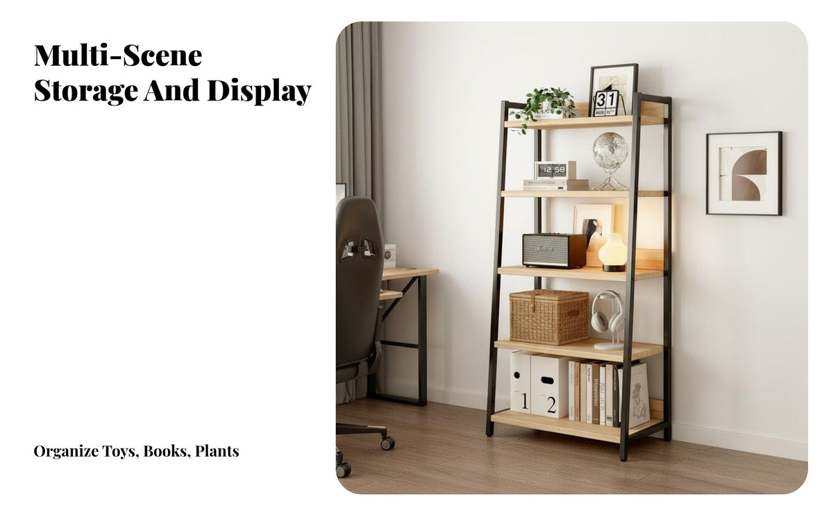 Multifunctional Freestanding Multi-Tier Display Shelf Easy Assembly Industrial Bookshelf Adjustable Feet Freestanding Bookcase Anti-Tip Kit Included for Study Room, Bedroom, Kitchen