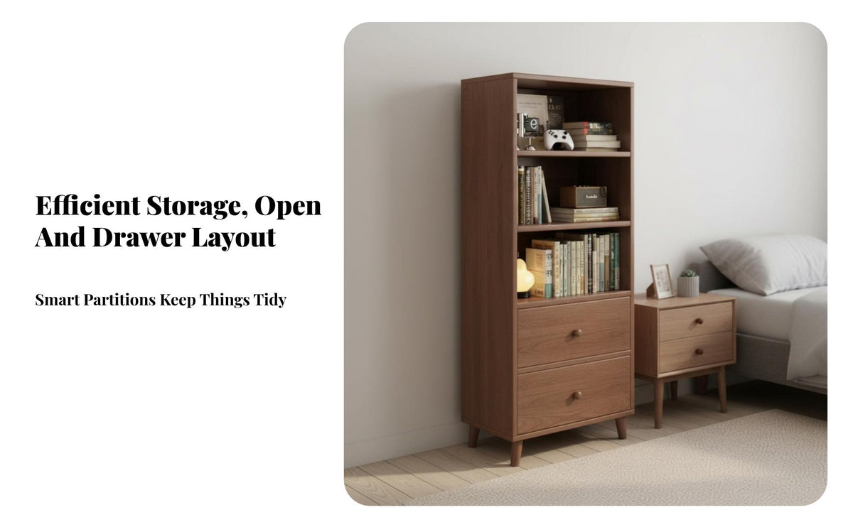 Space-Saving Design Tall Cabinet with Exposed Shelves and Drawers Versatile Multi-Tier Shelf with Drawers Modern Aesthetic Bookcase Easy to Assemble for Apartment Dwellers, Homeowners, Office Workers, Bedroom, Study Room