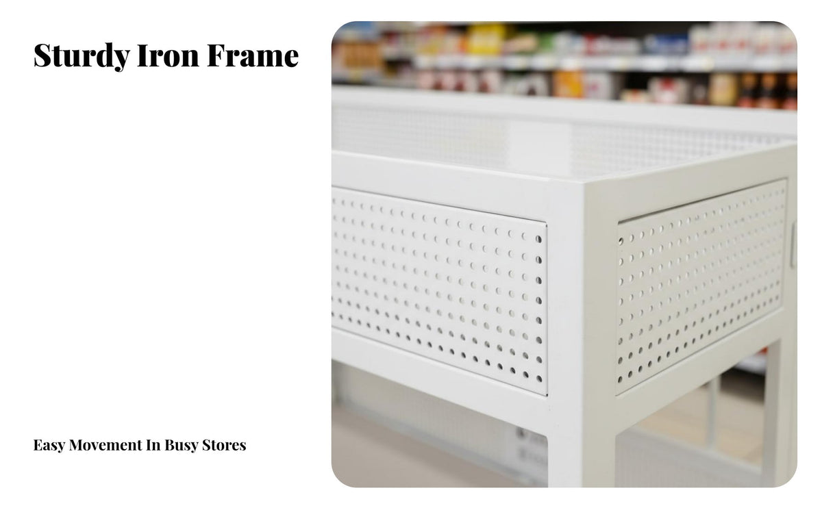 360° Swivel Casters Mobile Sales Cart Long-Lasting Steel Frame Foldable Marketing Table Heavy Duty Supermarket Dump Bin Large Storage Space for Street Vendors, Event Promoters, Shop Owners, Supermarkets, Shopping Malls, Outdoor Markets, Trade Shows