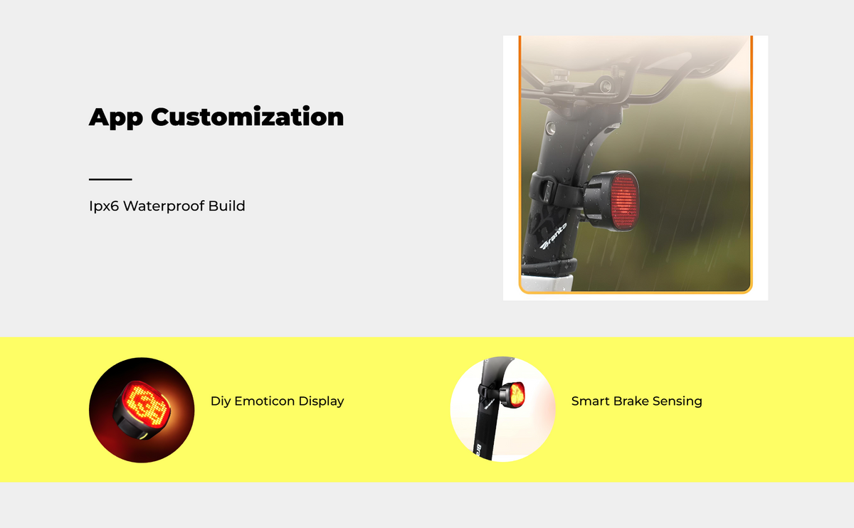 Smart Bike Rear Light, Brake Sensing, Waterproof, APP Control