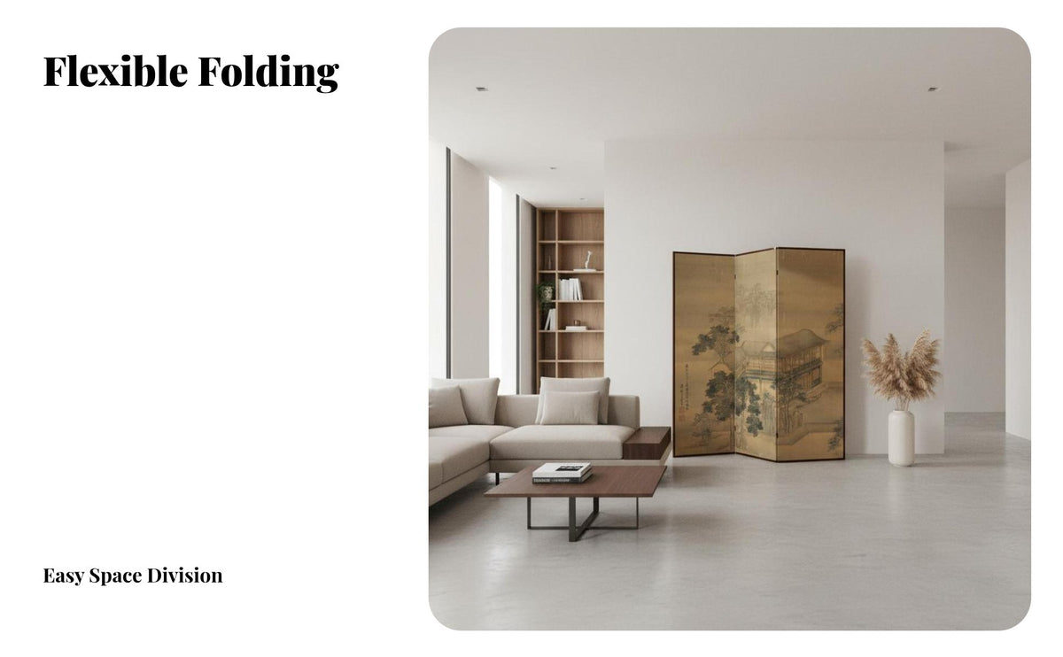 Foldable Design Chinese Landscape Folding Screen Traditional Oriental design 4-Panel Art Divider Vintage Aesthetic Privacy Partition Freestanding for Interior Decorators, Restaurant Owners, Office Managers, Living Room, Bedroom, Studio Apartment