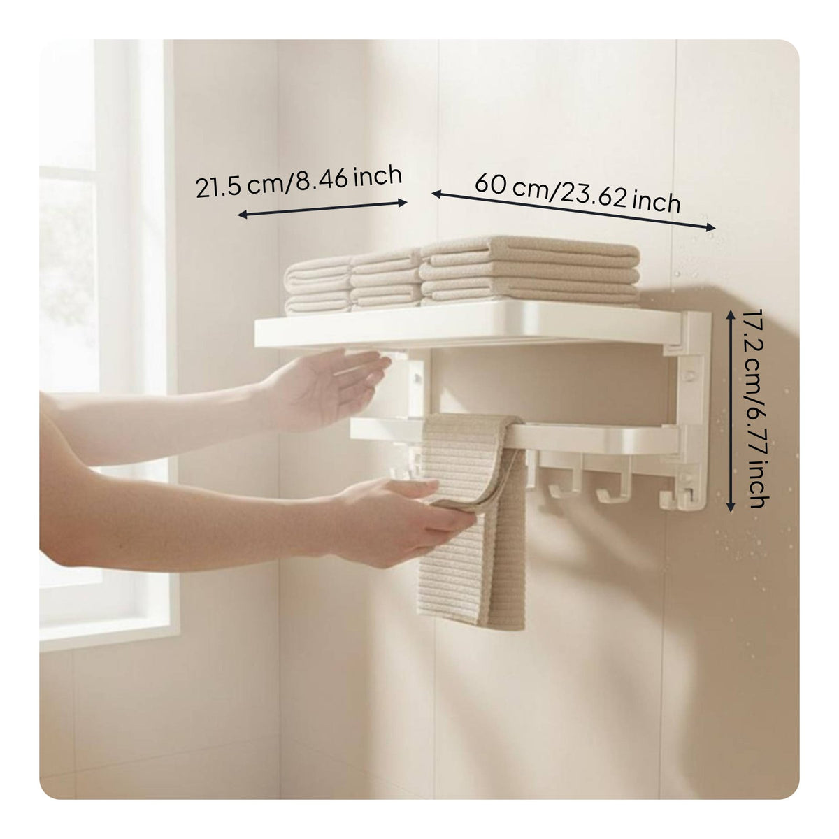 Folding Washroom Shelf with Towel Bar Advanced Aluminum Alloy Foldable Towel Rack with Hooks Rustproof for Restroom