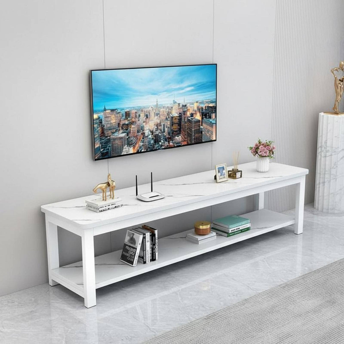 Low Profile TV Cabinet Versatile Steel Frame Entertainment Console Living Room Furniture Modern Minimalist Construction Two Tier Media Stand Suitable for Apartment Dwellers Bedroom