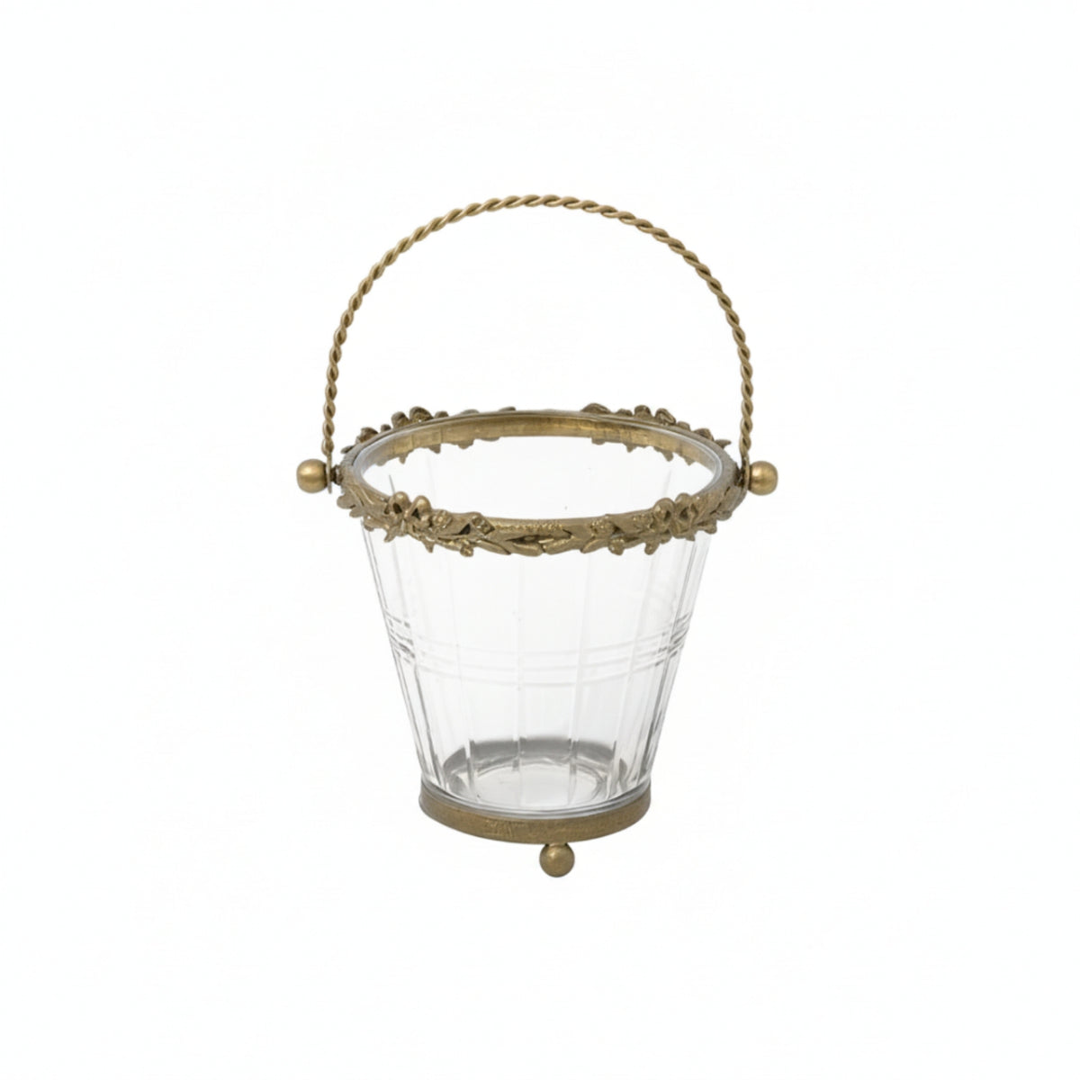 Glass Basket with Metal Frame Brass Toned Glass Container with Handle Decorative