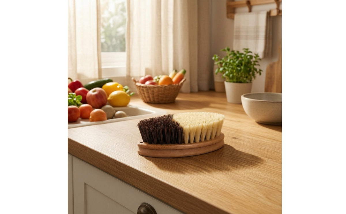 Vegetable Brush Fiber Cleaning Bamboo-Handled Brush Handle Compact for Kitchen