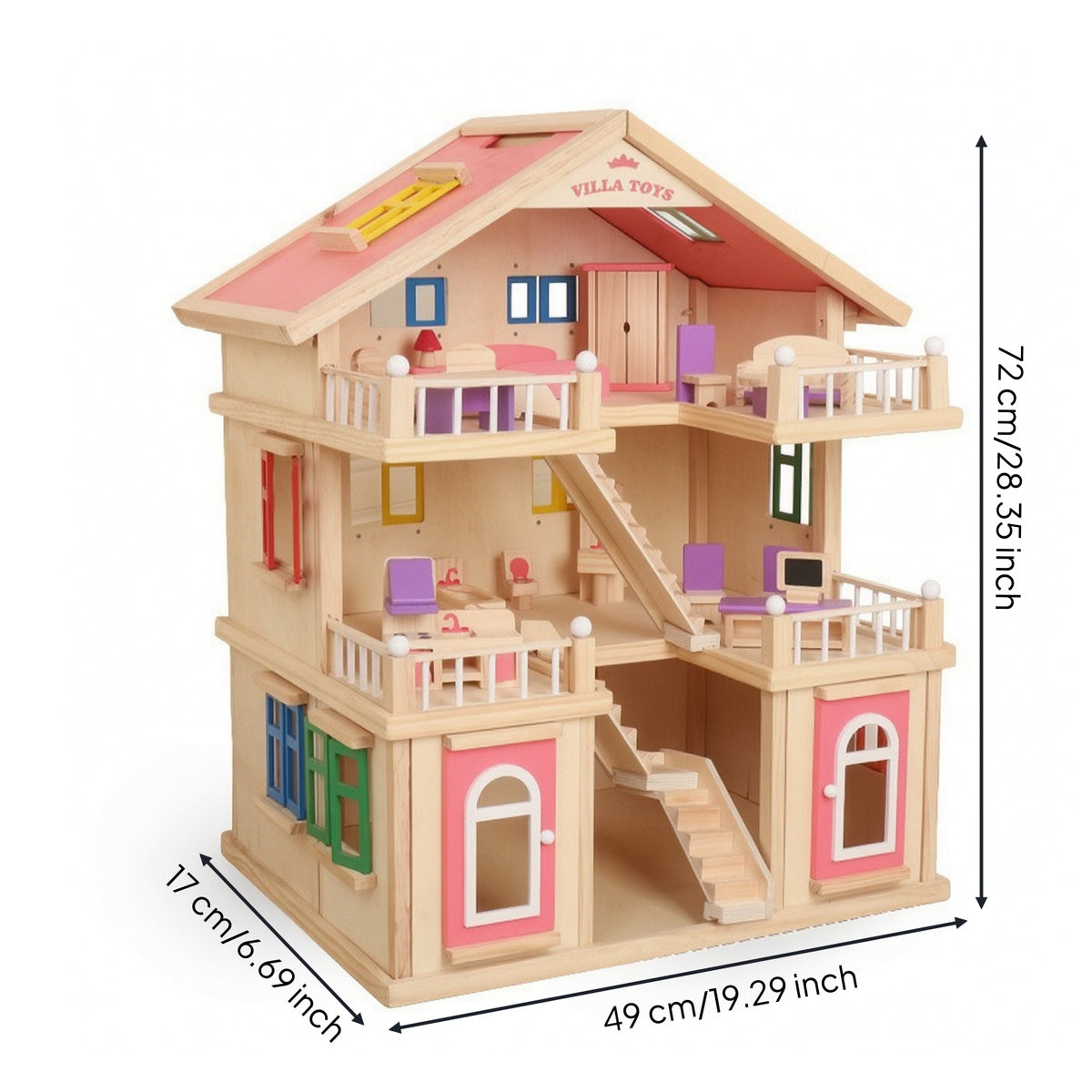 Wooden Dollhouse Freestanding 3-Story Dollhouse Pretend Play Playhouse for Playroom