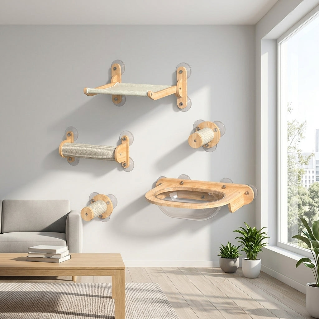 Cat Bed and Climbing Frame with Shelves, Solid Wood Wall Mounted Suction Cups Cat Perch, Simple Style Playing Climbing for Large Indoor Cats