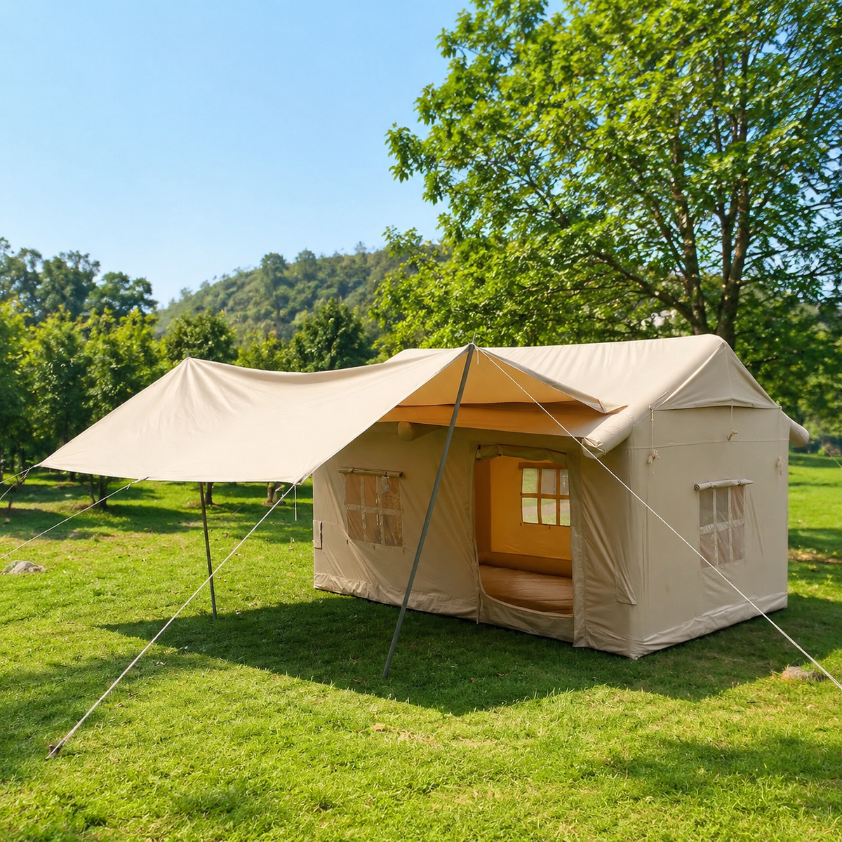 Inflatable Tent, 3-4 Person Air Tent with Instant Setup, Oxford Cloth Camping Tent with Living Area & Skylight, Sandy