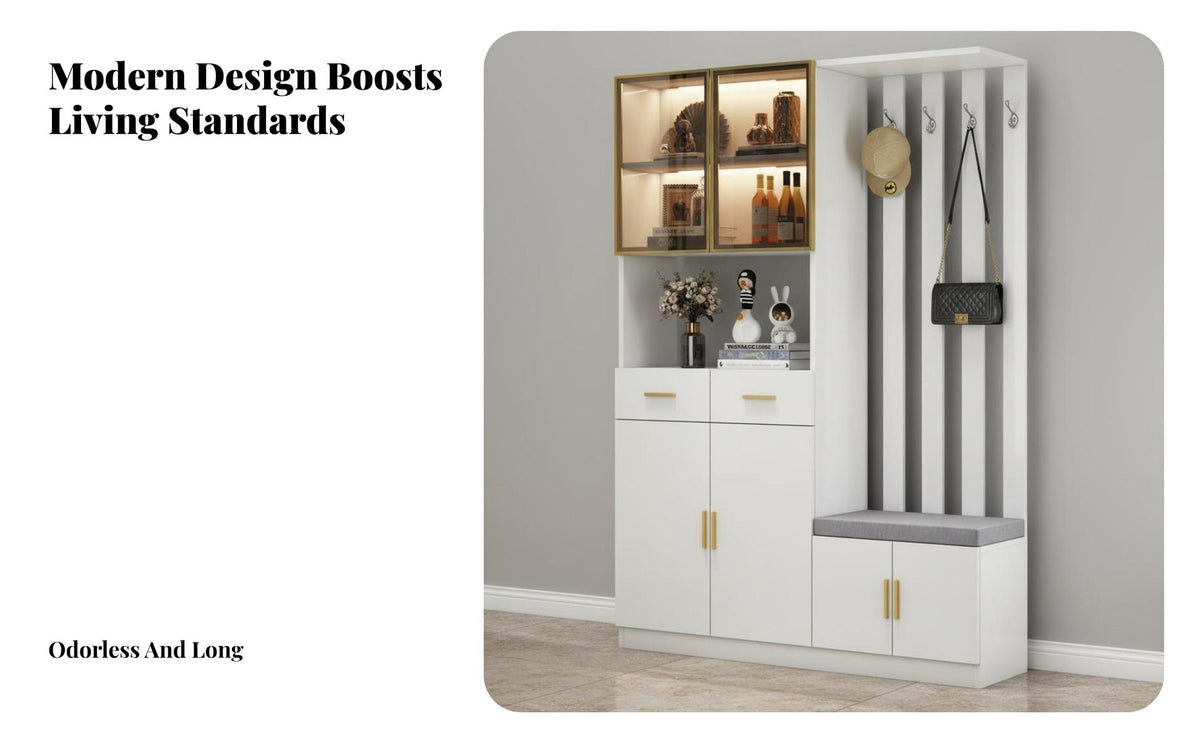 Multi-Functional Design Entryway Shoe Cabinet with Bench Tempered Glass Doors Entryway Shoe Storage Bench Sturdy Construction Mudroom Storage Cabinet Thick Padded Cushion for Apartment Dwellers, Families, Homeowners, Foyer, Hallway, Living Room