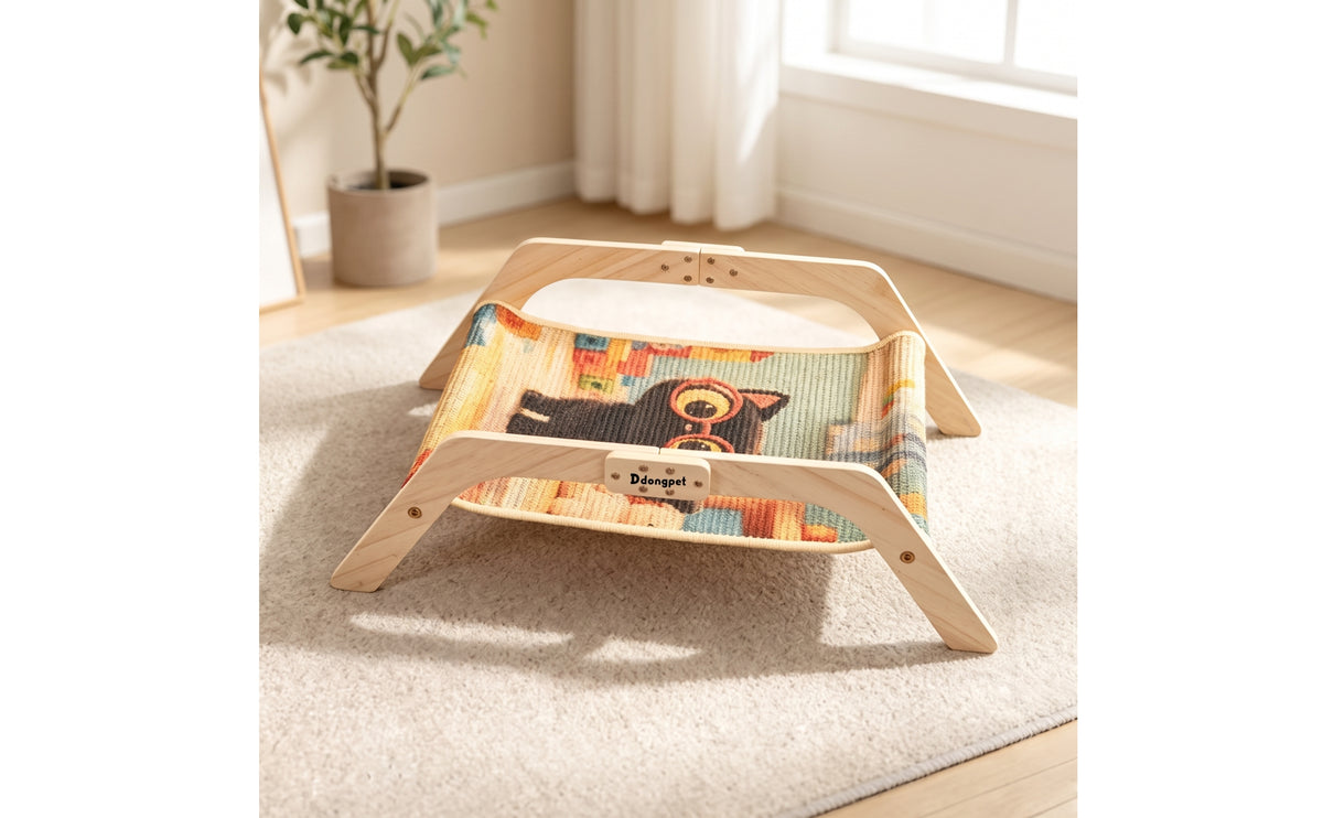 Cat Hammock with Wooden Frame Elevated Cat Scratcher Bed Multifunctional Animal Furniture for Cats, Kittens, Living Room, Bedroom