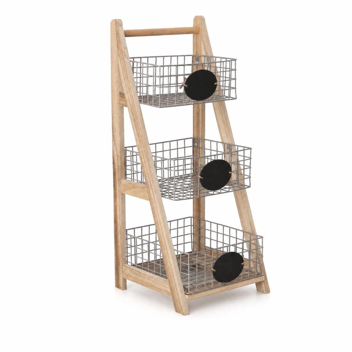 Ladder Storage Rack with Wire Baskets 3 Tiers Basket Stand Floor-Standing Freestanding Ladder Shelf for Entryway, Living Room, Balcony
