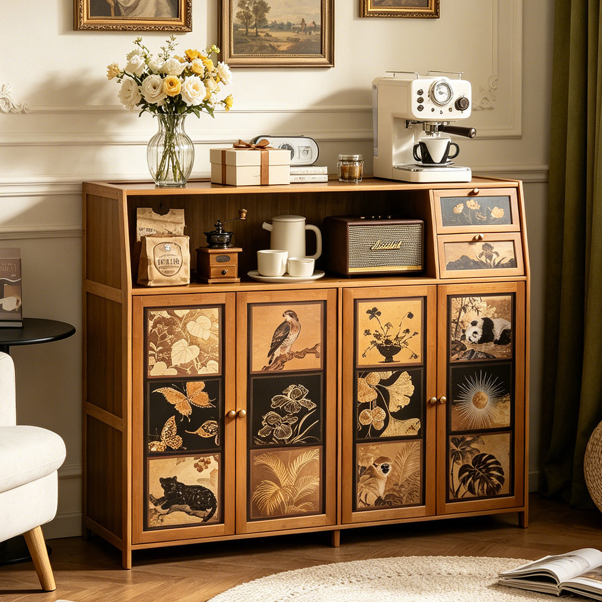 Kitchen Sideboard Storage Cabinet for Living Room Floor Standing Vintage Style Coffee Tea Cabinet