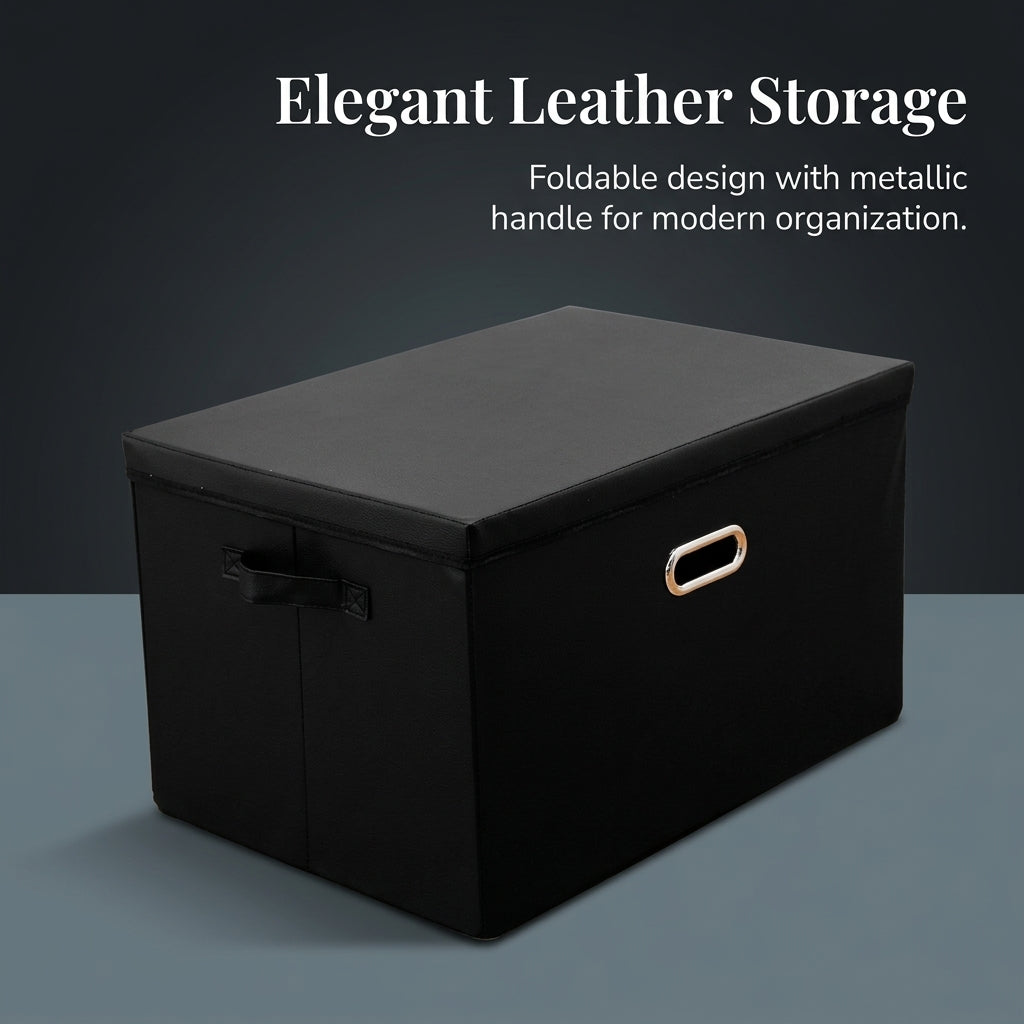 Storage Boxes with Lids and Metal Handles for Wardrobe Organisation, Faux Leather Cube for Bedroom, Heavy Duty Foldable Design