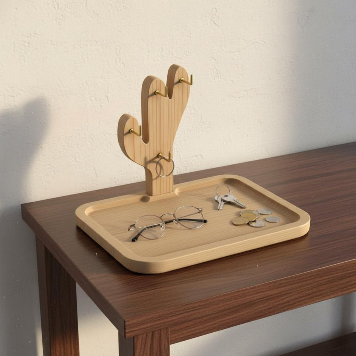 Solid Wood Wooden Key Holder Stand Multi-Purpose Desktop Organizer with Key Hooks Spacious Tray-All for Nightstand, Office