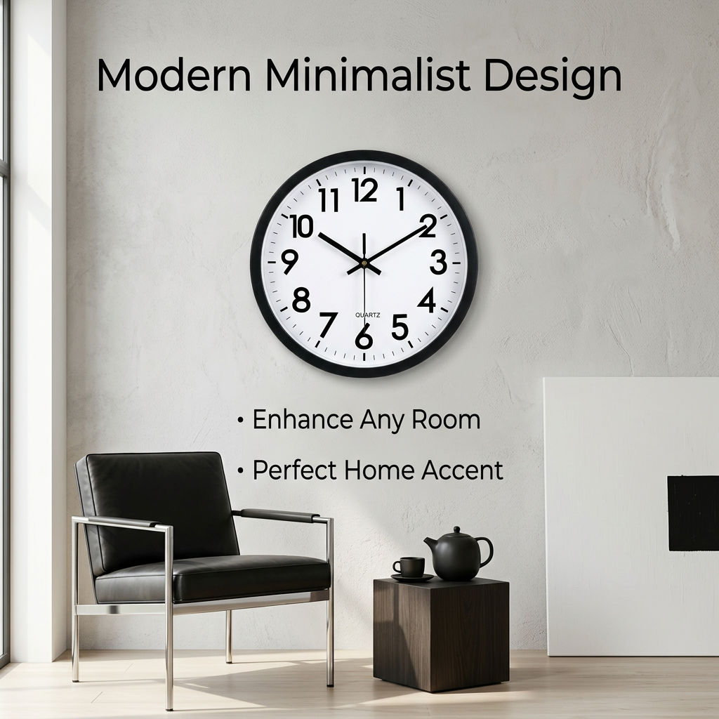 Wall Clock Silent, Battery Operated Movement, Home Living Room Bedroom, Round Acrylic Dial, Modern Casual, Pointer Digital Display