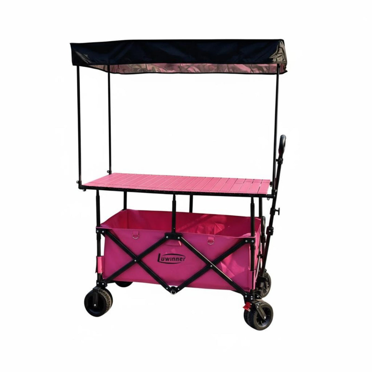 Foldable Utility Cart with Table Sets Up in Seconds Street Vending Cart Market Stall Trolley Multi-Terrain Wheels for Camping