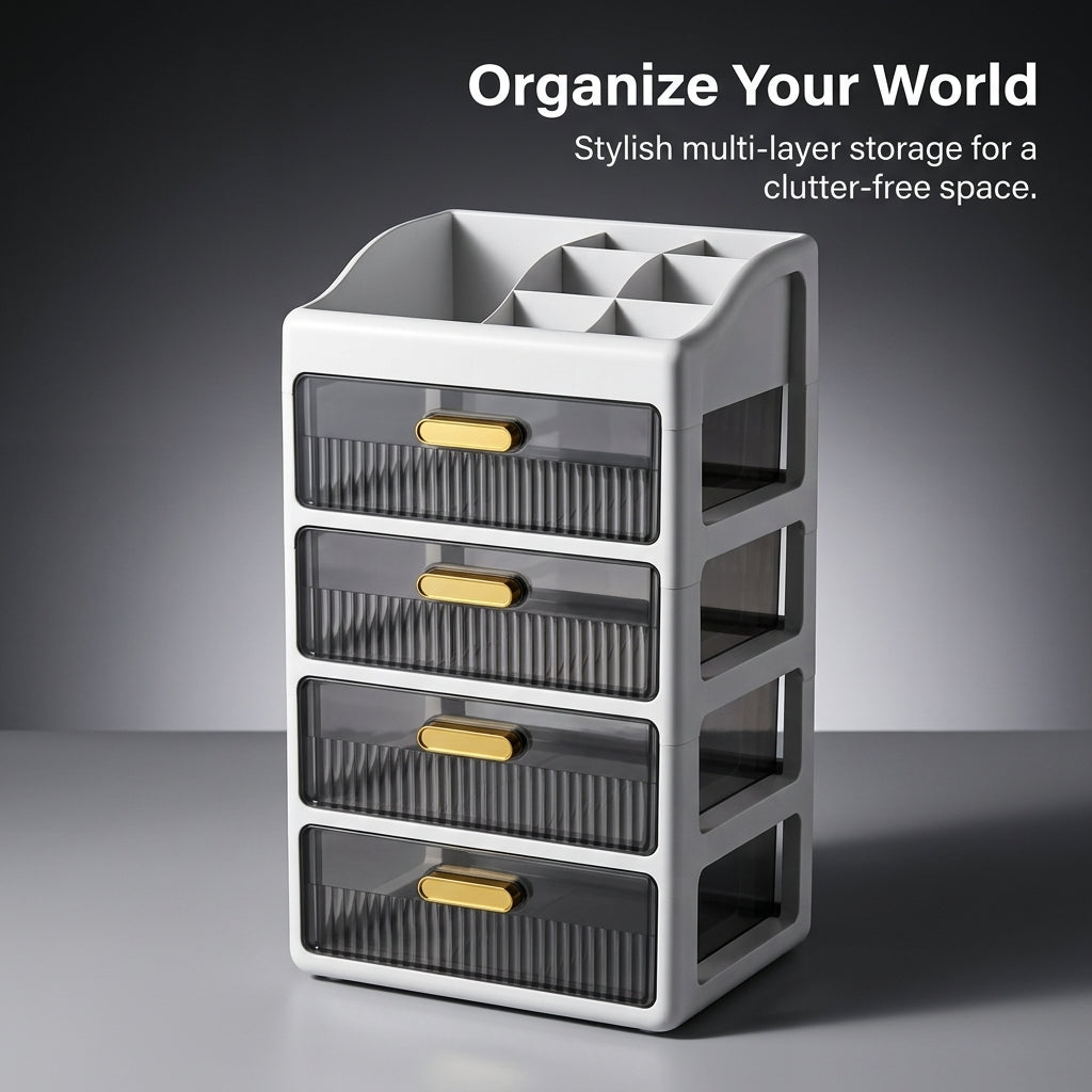 4-Layer Stackable Desktop Drawers with Compartments, Desk Storage Organizer for Office, Pull Out Drawer Style Stationery Box, 18L Capacity