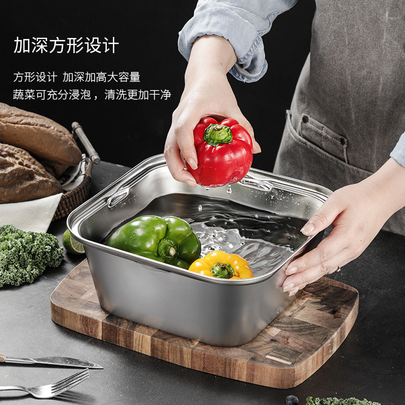 304 Stainless Steel Basin with Wooden Board for Outdoor Camping and Picnic