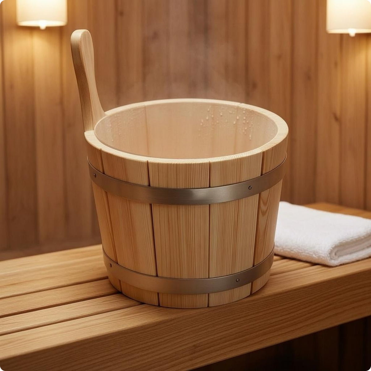 Sauna Pail and Ladle Set Metal Bands Wooden Sauna Pail uncoveredTop