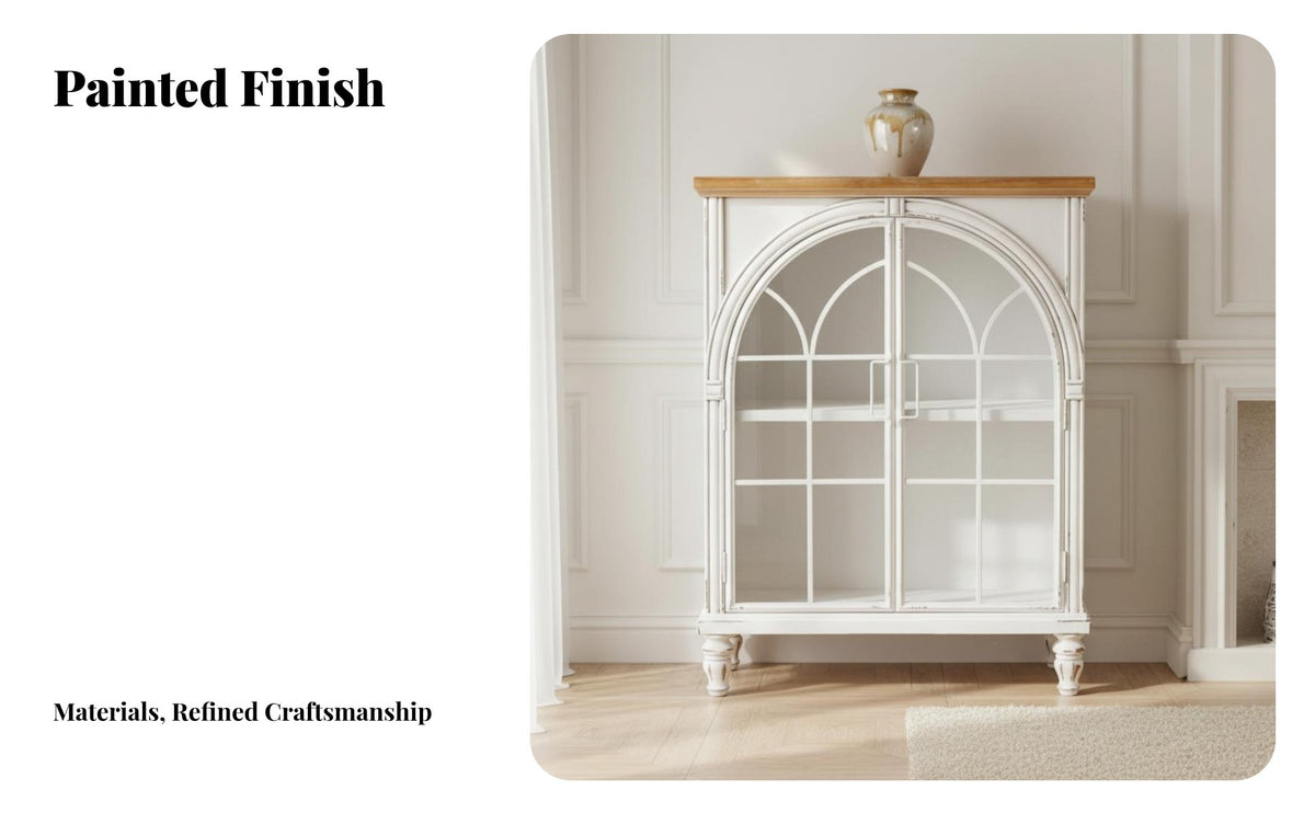French & design Arched China Cabinet Glass Doors Arched Hutch Vintage Design shelving single-unit Easy to Clean for Book Lovers, Interior Decorators, Homeowners, Living Room, Home Office, Bedroom