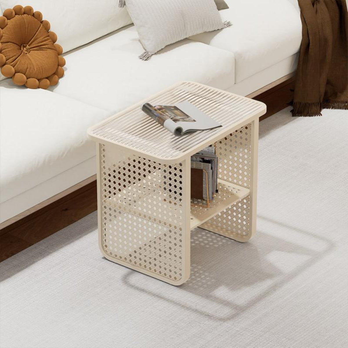 Two-Tier Woven-Panel Side Table Japanese Design 2-Tier Table Space-Saving